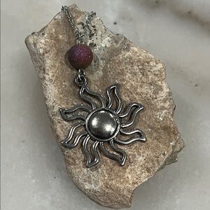 Silver Sun Pendant Necklace with Pink Bead